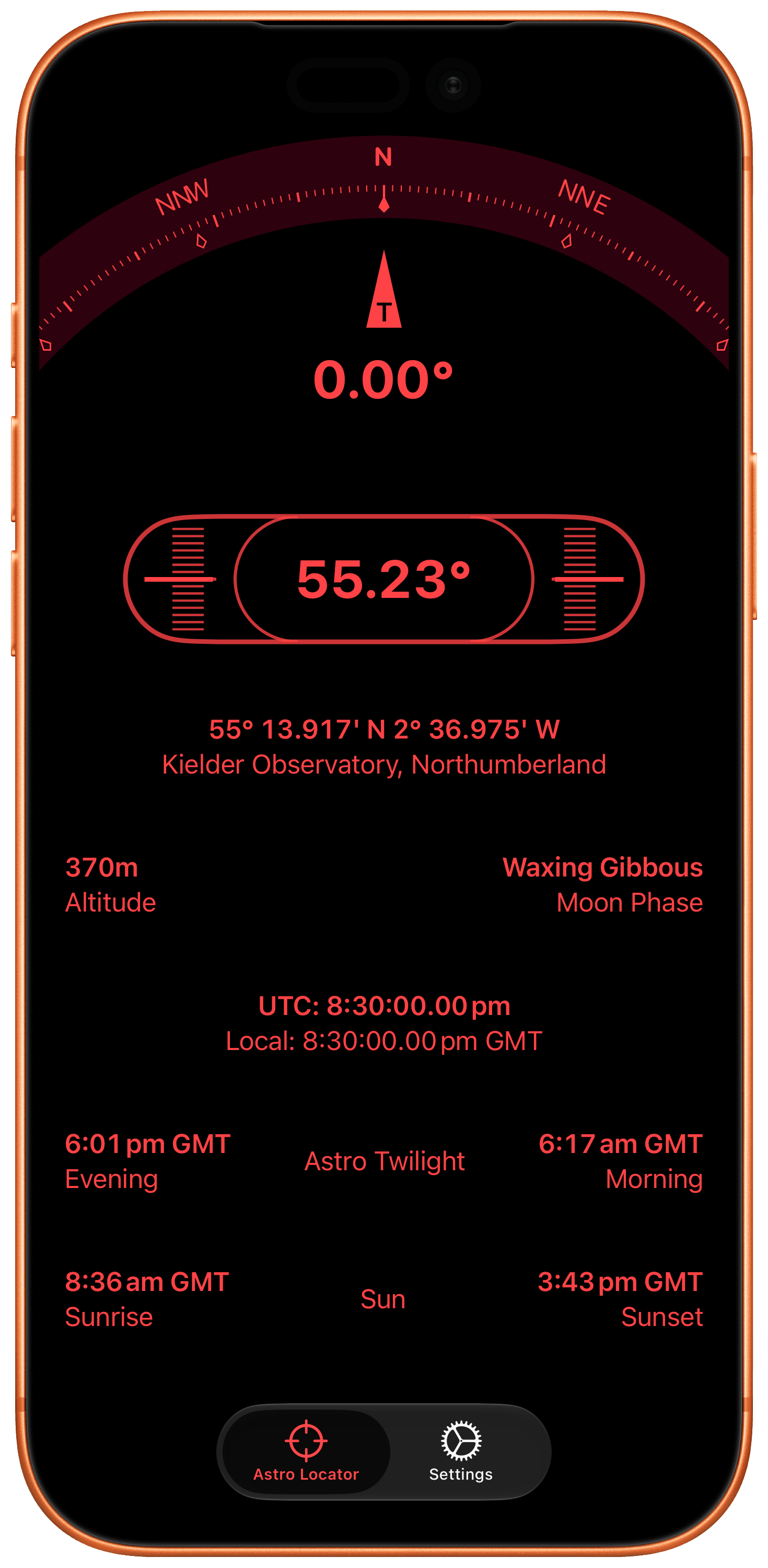 Astro Locator showing northern hemisphere polar alignment on iPhone