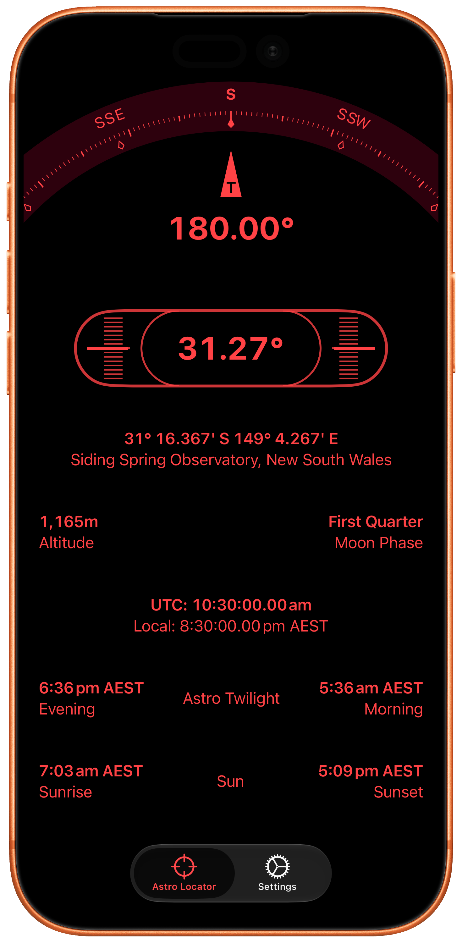Astro Locator showing southern hemisphere polar alignment on iPhone